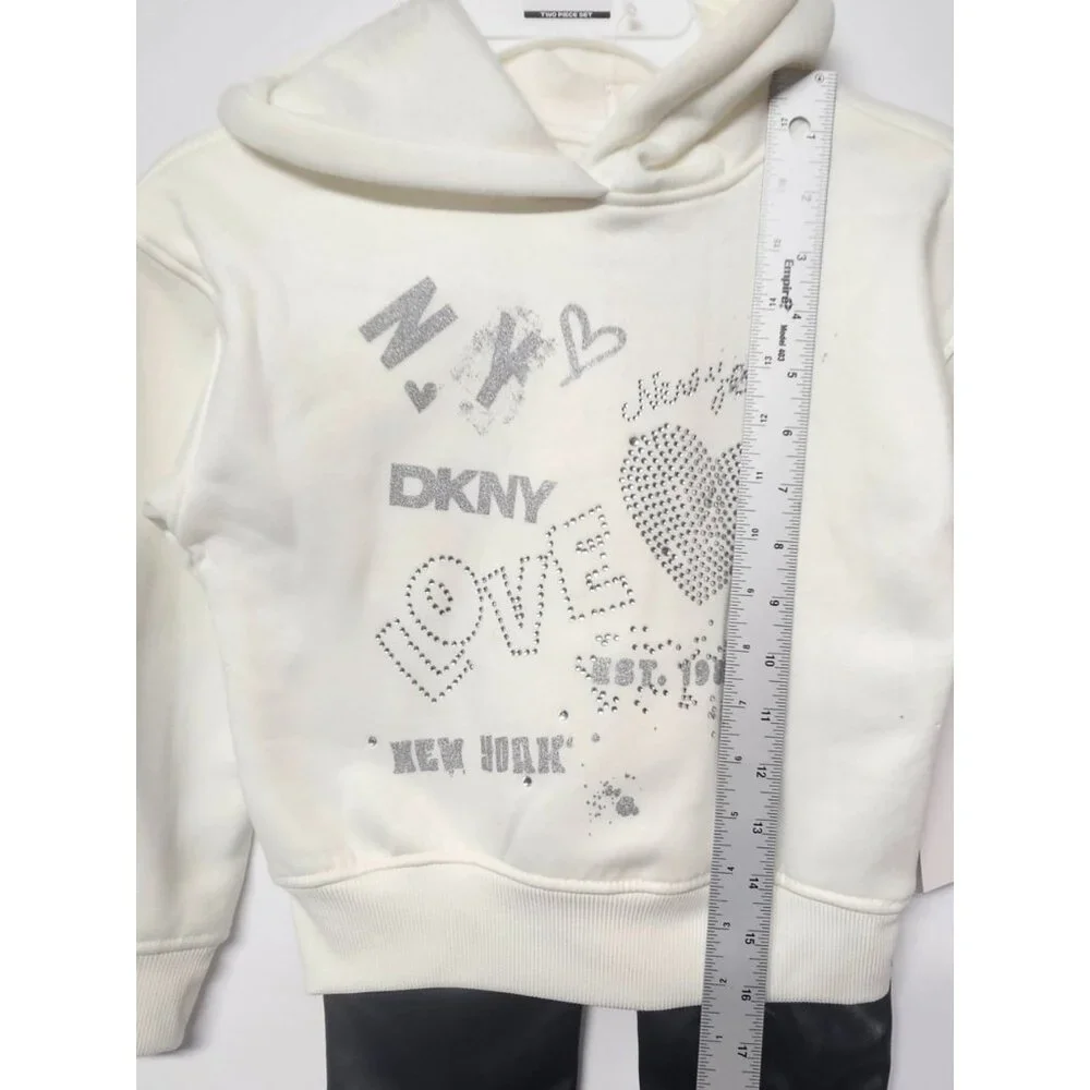 DKNY Girls Size 5 2 Pc Outfit, Sparkling Stone Like Hoodie,‎ Leather Like Pants